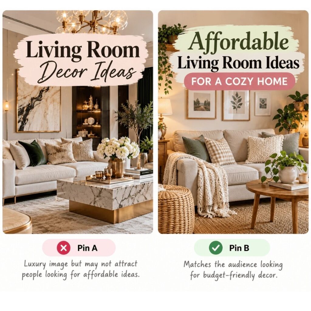 Pinterest Pin comparison showing luxury living room decor versus affordable living room ideas for a budget-conscious audience.