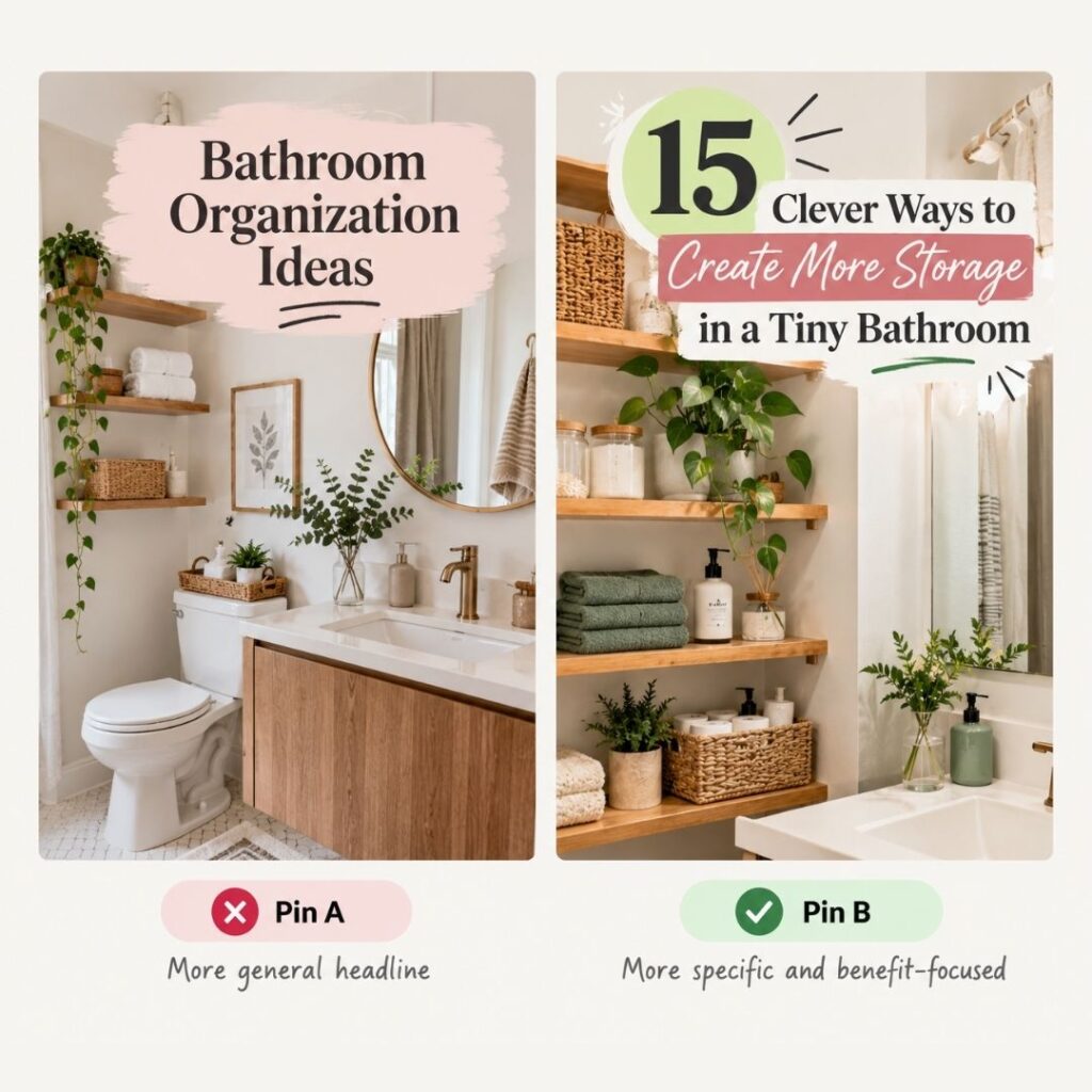 Pinterest Pin comparison showing a general bathroom organization headline versus a specific headline about creating more storage in a tiny bathroom.